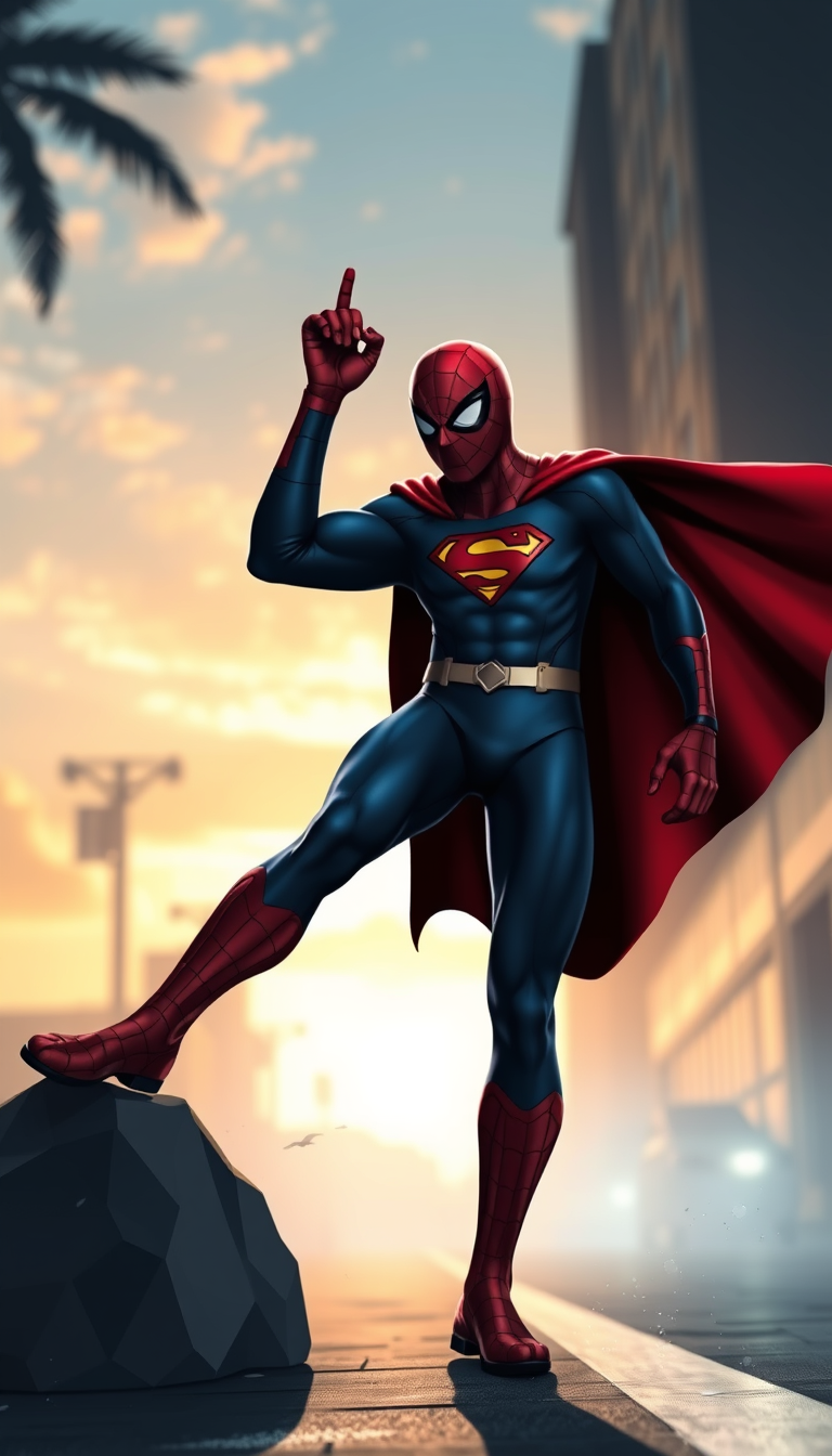 Main art studio: na calçada da rua de dia o Homem aranha com o traje padrao com a cabeca da Supergirl nas mãos