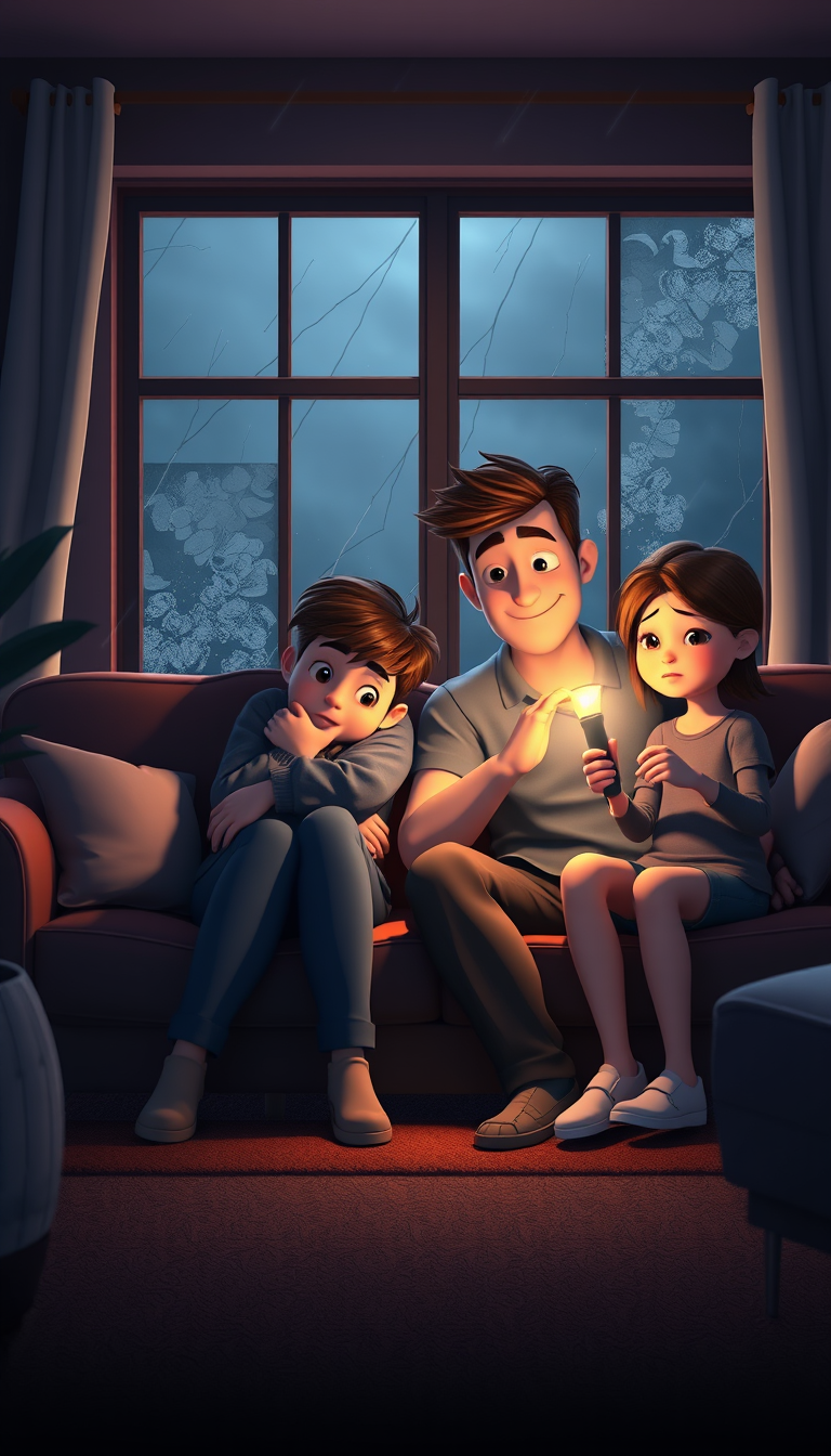 Main art studio: Family Stays SafePrompt:The American family sitting closely together inside their safe living room during the violent storm, mother hugging the young