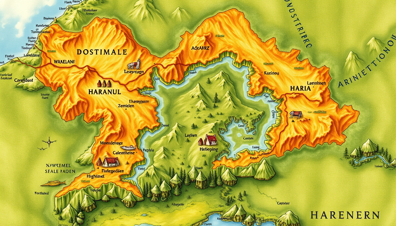 Main art studio: eine Karte mit verschiedenen Laendern darunter auch Haramus.die karte soll nicht so aussehen wie die der erde .mit waeldern gebirgen meeren.so aehnlic