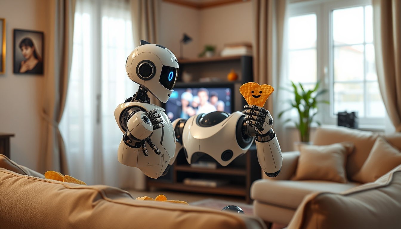 Main art studio: un robot assie sur son canap dans son salon et on voit la tele sur la quelle il joue a gta et lui il a la mannette dans une main et dans lautre main d