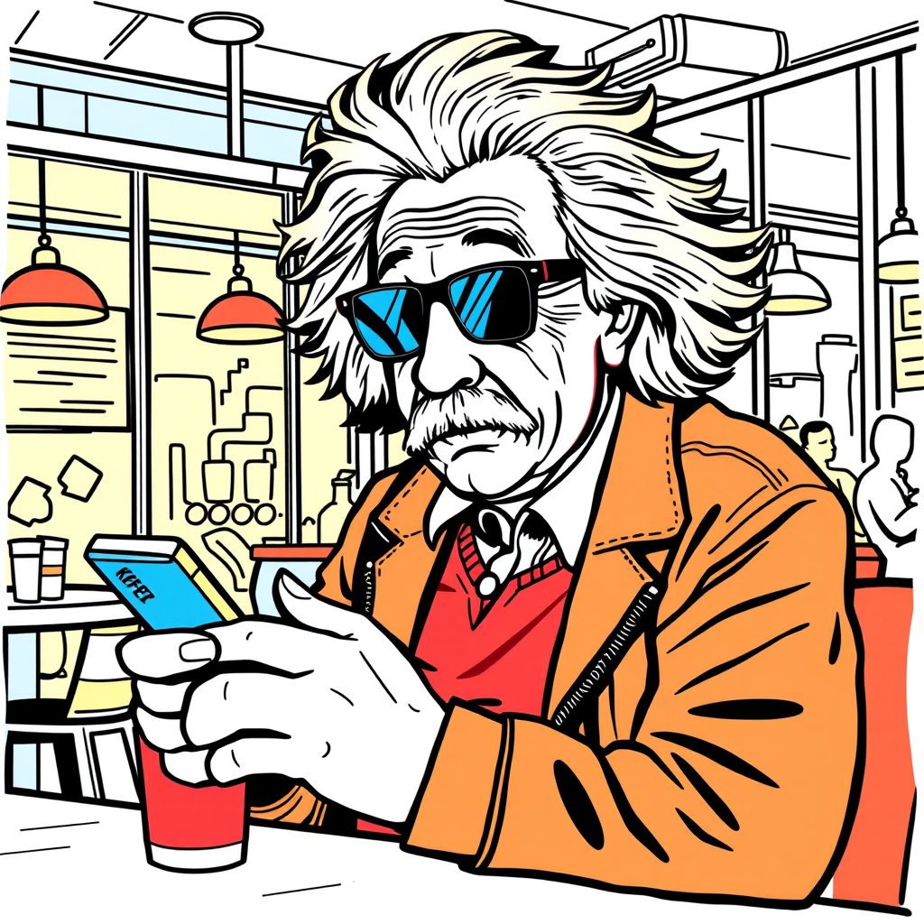 Main art studio: :::writing{variant=“standard” id=“31587”} Albert Einstein at a modern coffee shop, wearing sunglasses and streetwear, using a smartphone with a confus