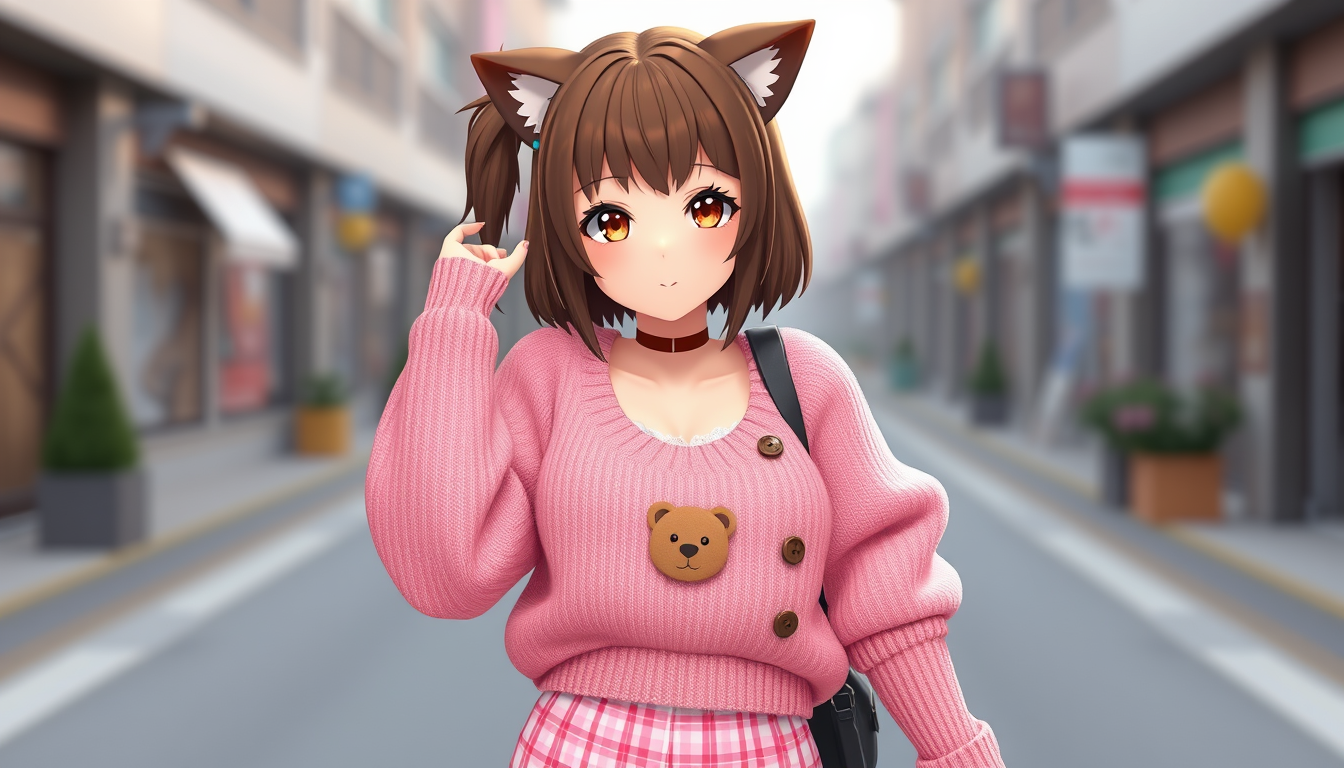 VTuber Avatar idea created from the prompt: vtuber avatar, anime style bust, expressive eyes, streaming overlay ready, Make a vtuber 2d model, wolfcut brown hair, pink short checkered 