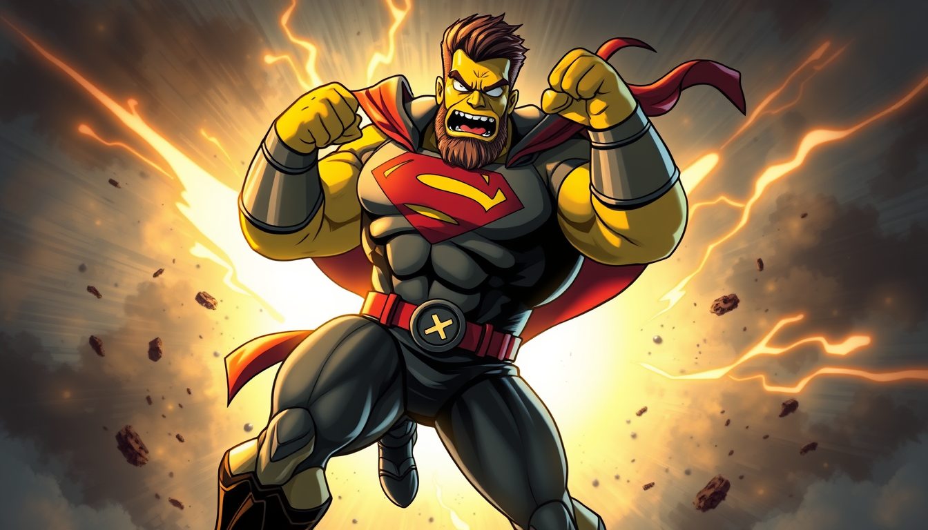 Superhero idea created from the prompt: original superhero character design, dynamic pose, bold costume, dramatic lighting, comic art energy, Un personaje de tira cómica estilo Hom