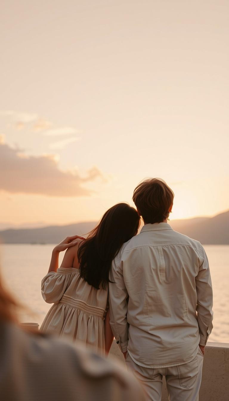 Main art studio: Slow cinematic zoom toward a couple watching the sunset. Soft breeze, subtle head movement, gentle embrace, shimmering lake, warm golden light, dreamy