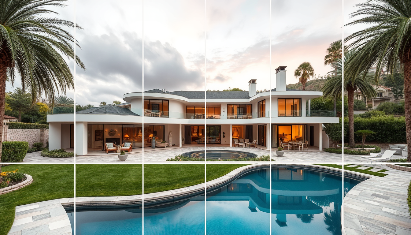 AI Art prompt example created from the prompt: eine villa in hollywood hills mit einer risen gerage das bild soll aufgeteilt sein mann soll ein bil vom haus sehen und 4 bilder von der gro