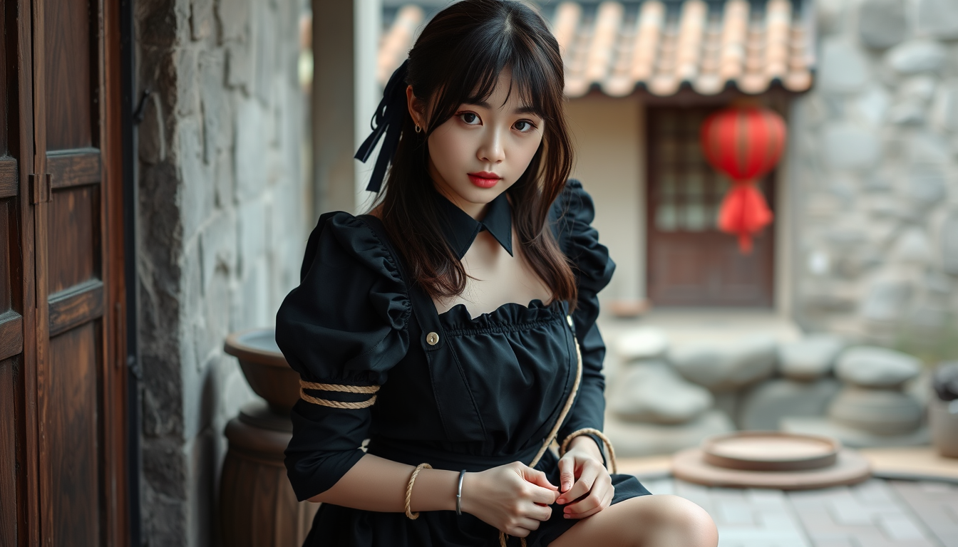Main art studio: Korean girl wear black maid clothes and tied up with a rope by arm,leg,and chest