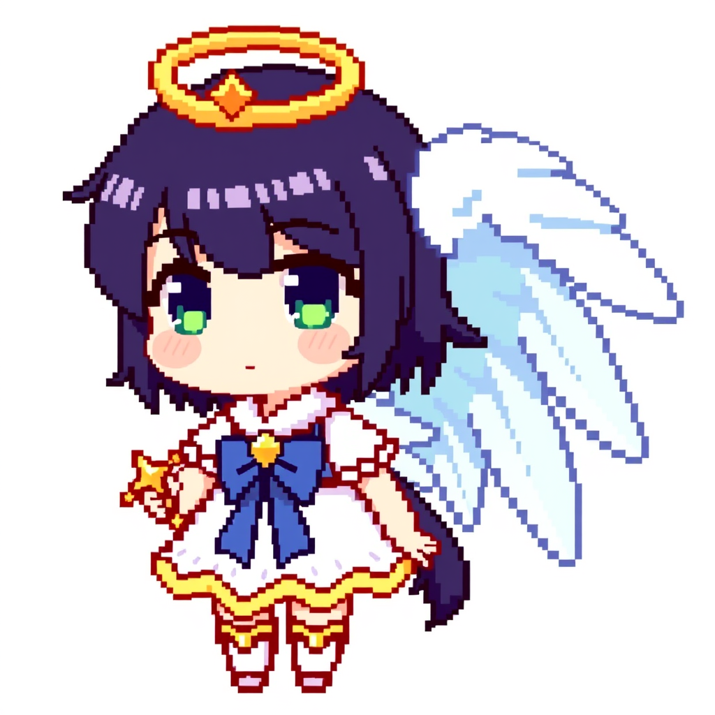 Main art studio: pixel art character, chibi style, no background, angelic android