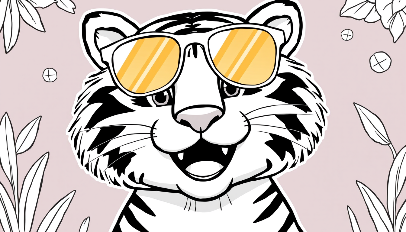 Main art studio: fröhlicher tiger mit Sonnenbrille zum selber ausmalen. Malbuchstil: NUR LINIEN= Schwarz und Weiß,. cartoonlike.