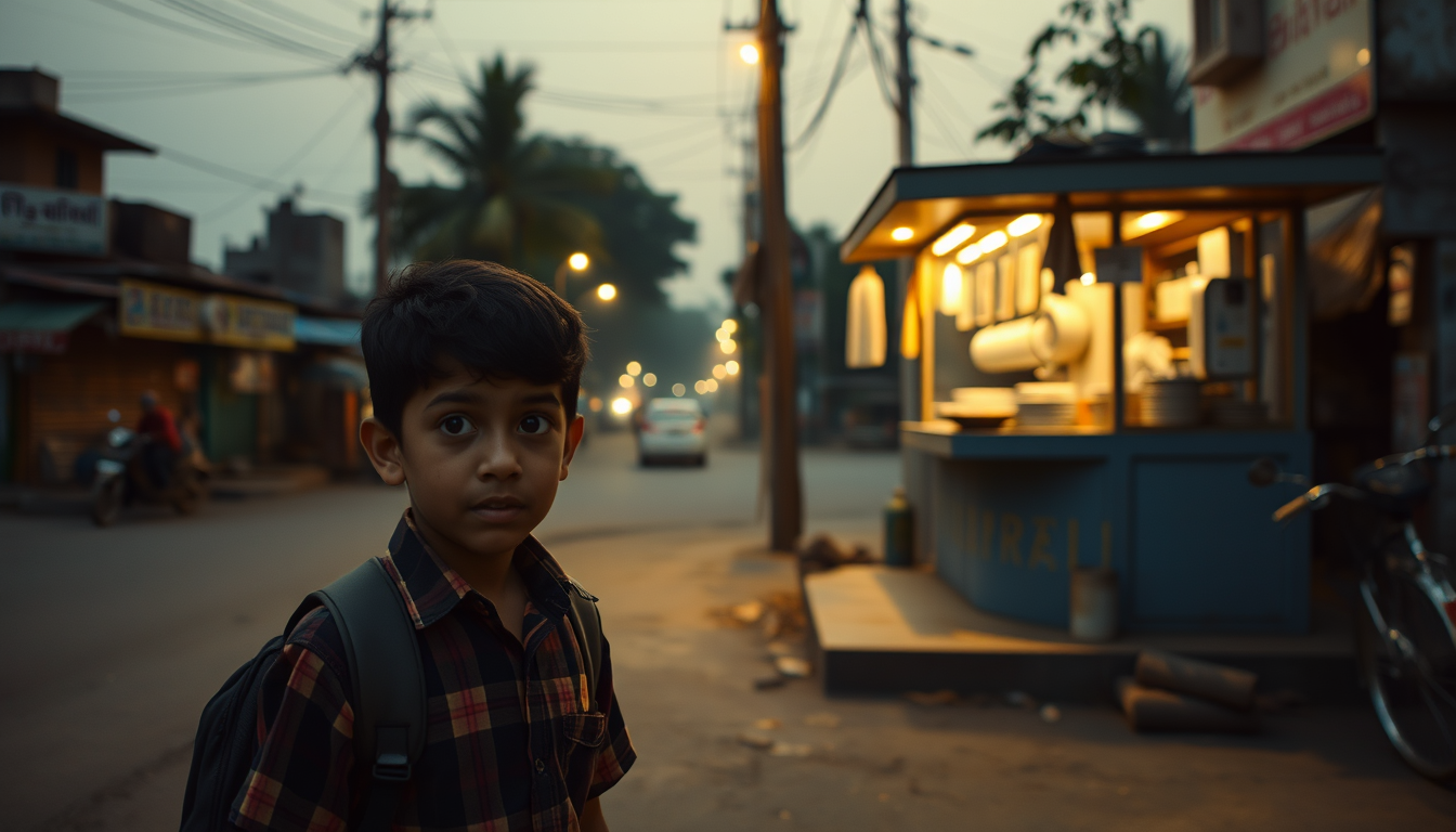 Main art studio: . Same schoolboy arriving at the familiar roadside tea stall but finding it completely empty, looking surprised and worried, closed tea stall, quiet I