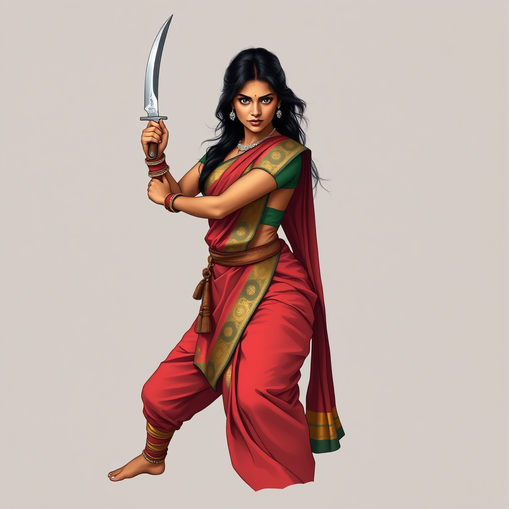 Main art studio: an outline of an indian looking, young woman. she is dressed in a traditional sari with powerful and expensive patterns, but practicably enough to fig