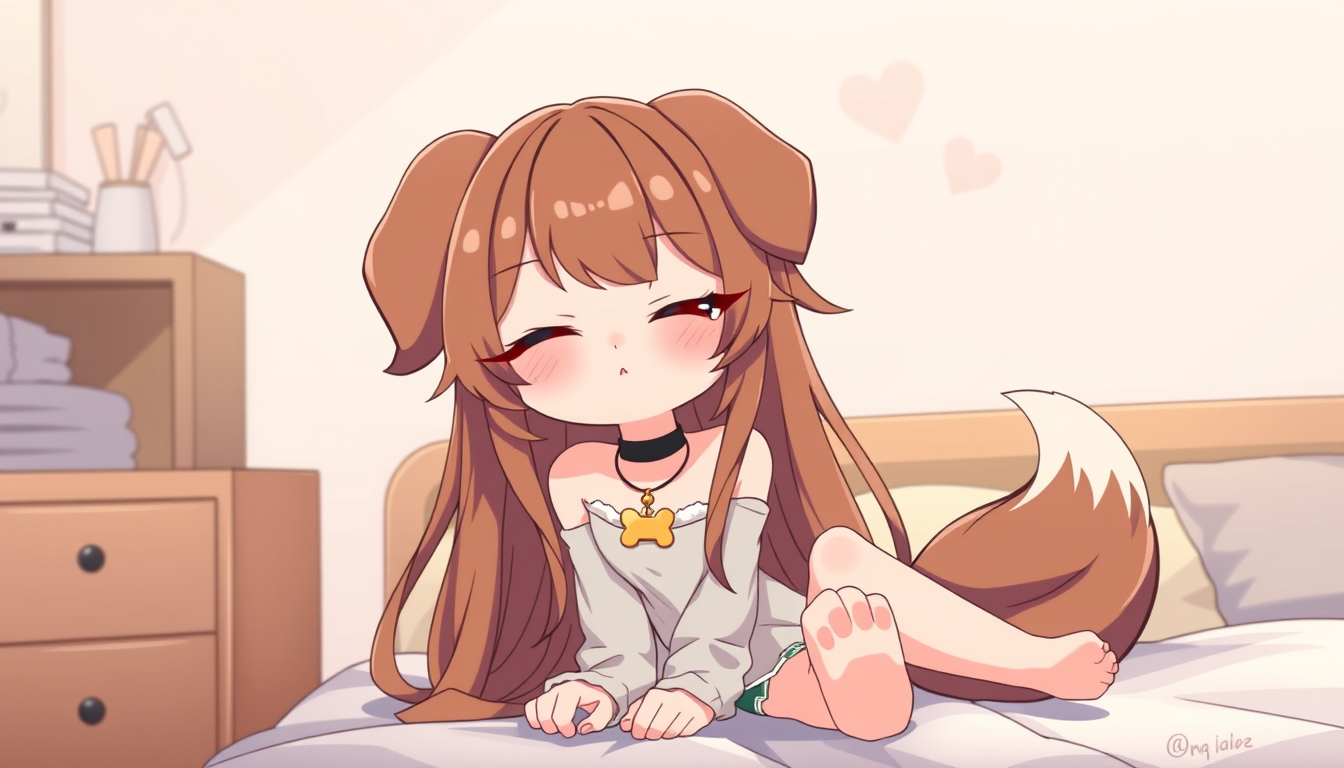 Main art studio: Digital anime illustration of an adorable original character, brown fluffy long hair, puppy ears, brown dog tail, brown eyes, winking, wearing a bone 