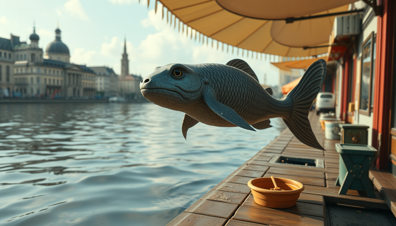 Main art studio: Высокодетализированная кинематографичная CGI-сцена в мультяшно-реалистичном стиле. В узком старом городском переулке идёт крупный рыжий антропоморфный