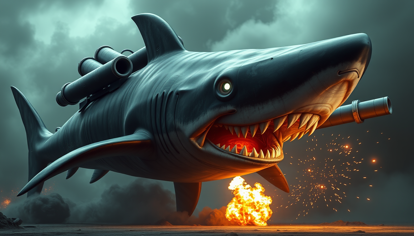 Main art studio: SHARK MONSTER, NO HUMAN, NO PERSON, NO HUMAN BODY. A giant four-finned shark fused with cannons. The shark itself is the creature, not a human. Deep g