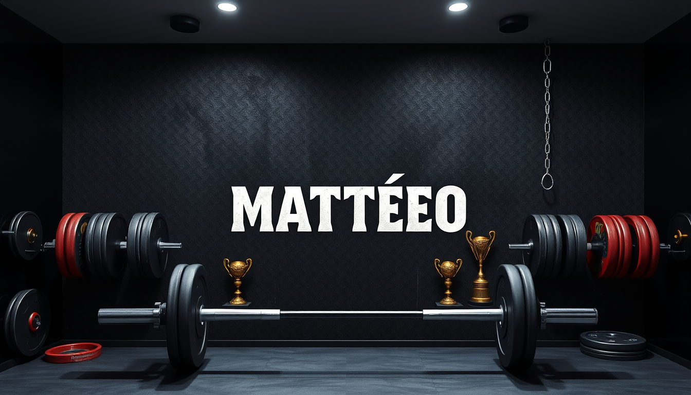 Main art studio: Affiche de musculation personnalisée sans personne, avec le prénom « MATTÉO » écrit en grand au centre, style bodybuilding premium et élégant. Fond no