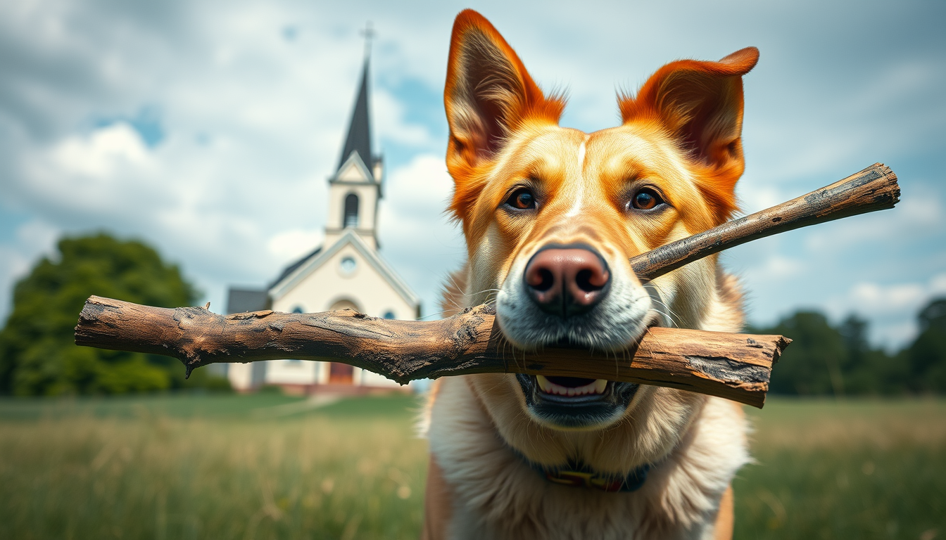 AI Art prompt example created from the prompt: a dog with a big stick in his mouth with a church clearly in the background