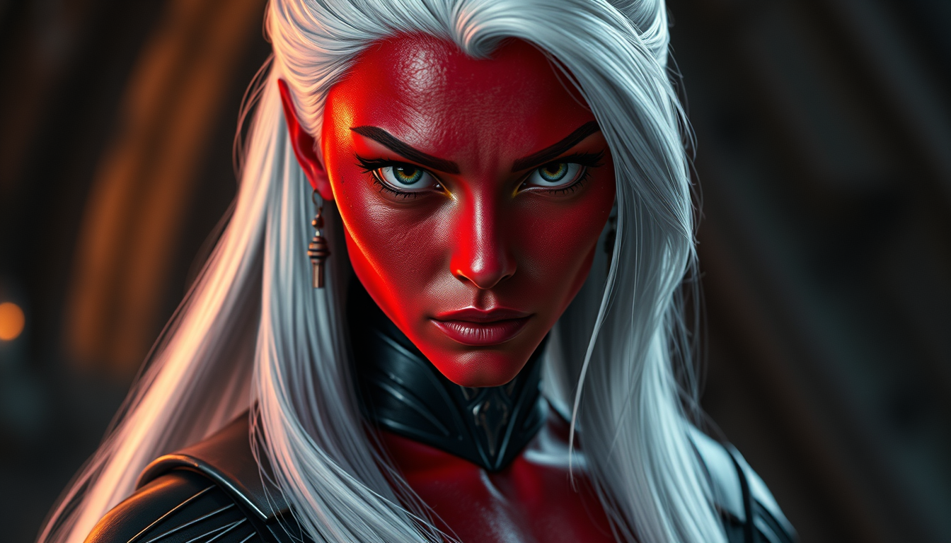 Main art studio: Photorealistic cinematic of Chantique from Star Wars Legends, a Zeltron woman with vivid crimson-red skin, long flowing pure white hair, striking faci