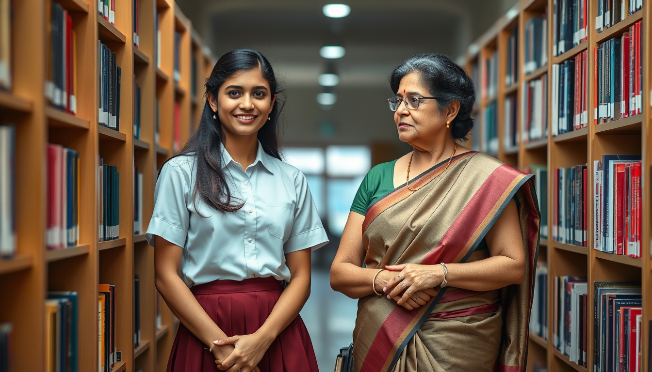 Main art studio: Landscape photorealistic Indian school brochure photo: 18-year-old female student in modest shirt skirt school uniform and elegant female teacher in h