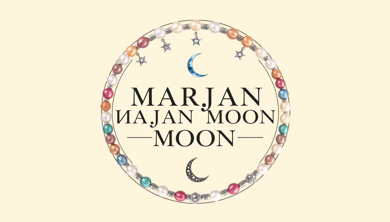 Main art studio: MARJAN MOON, round luxury jewelry logo, cream background, elegant dark lettering, colorful pearl beads, cute bracelets, tiny charms, silver stars, cre