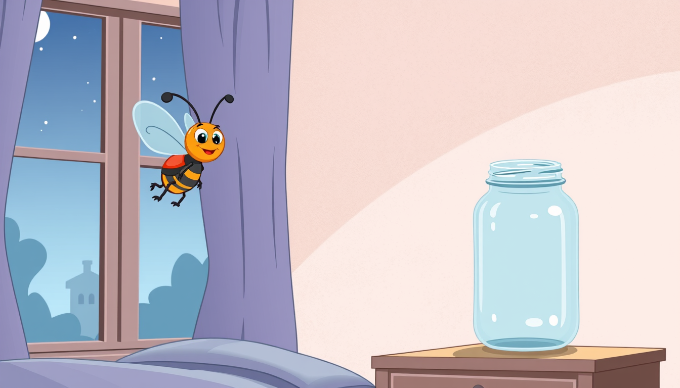 AI Art prompt example created from the prompt: cartoon happy bug flying OUT of bedroom window on left side of image with empty mason jar on nightstand on right side of image