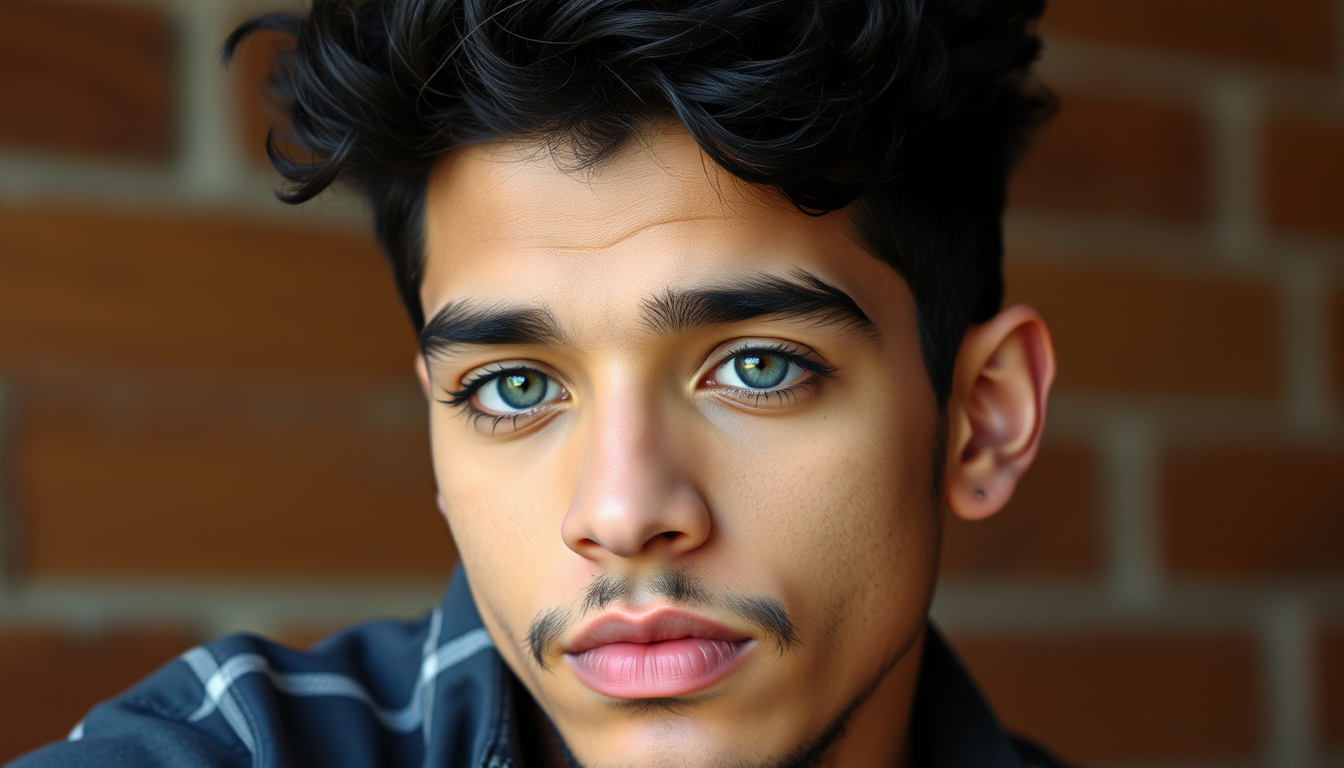 Main art studio: pelo negroa chicho con muscolos y venas alto de 180cm ojos verde cara poco arabe con poco barba y un taper fade y blanco en piel
