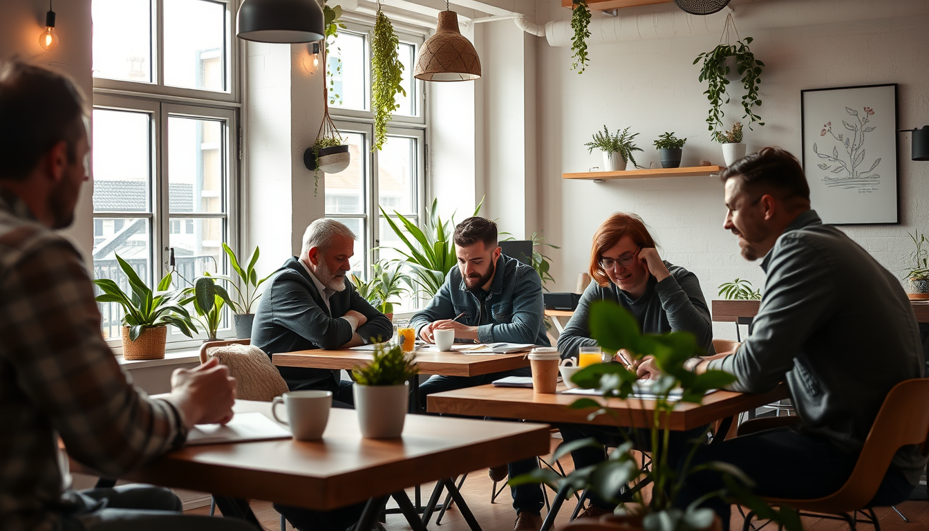 Main art studio: un espace de travail chaleureux avec des gens qui travaillent ensemble. certains boivent un café. la pièce est lumineuse, il y a des plantes. les gens
