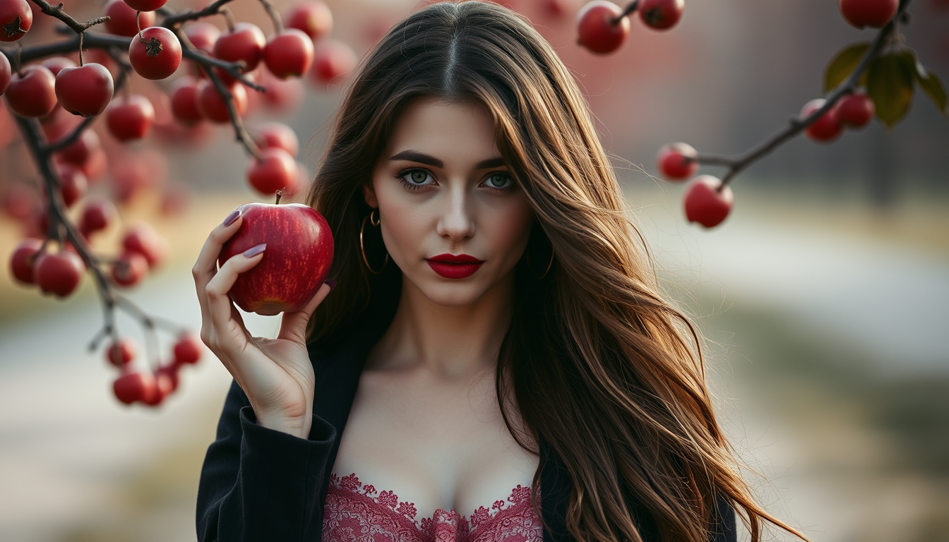 Main art studio: beatifull woman, holding red apple
