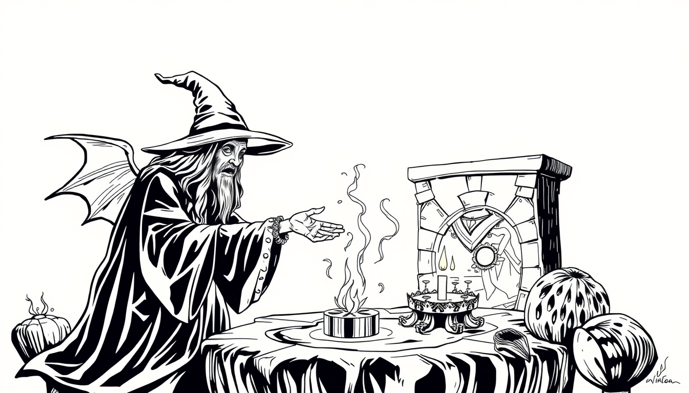 Main art studio: line drawing of an old witch at her altar casting a spell