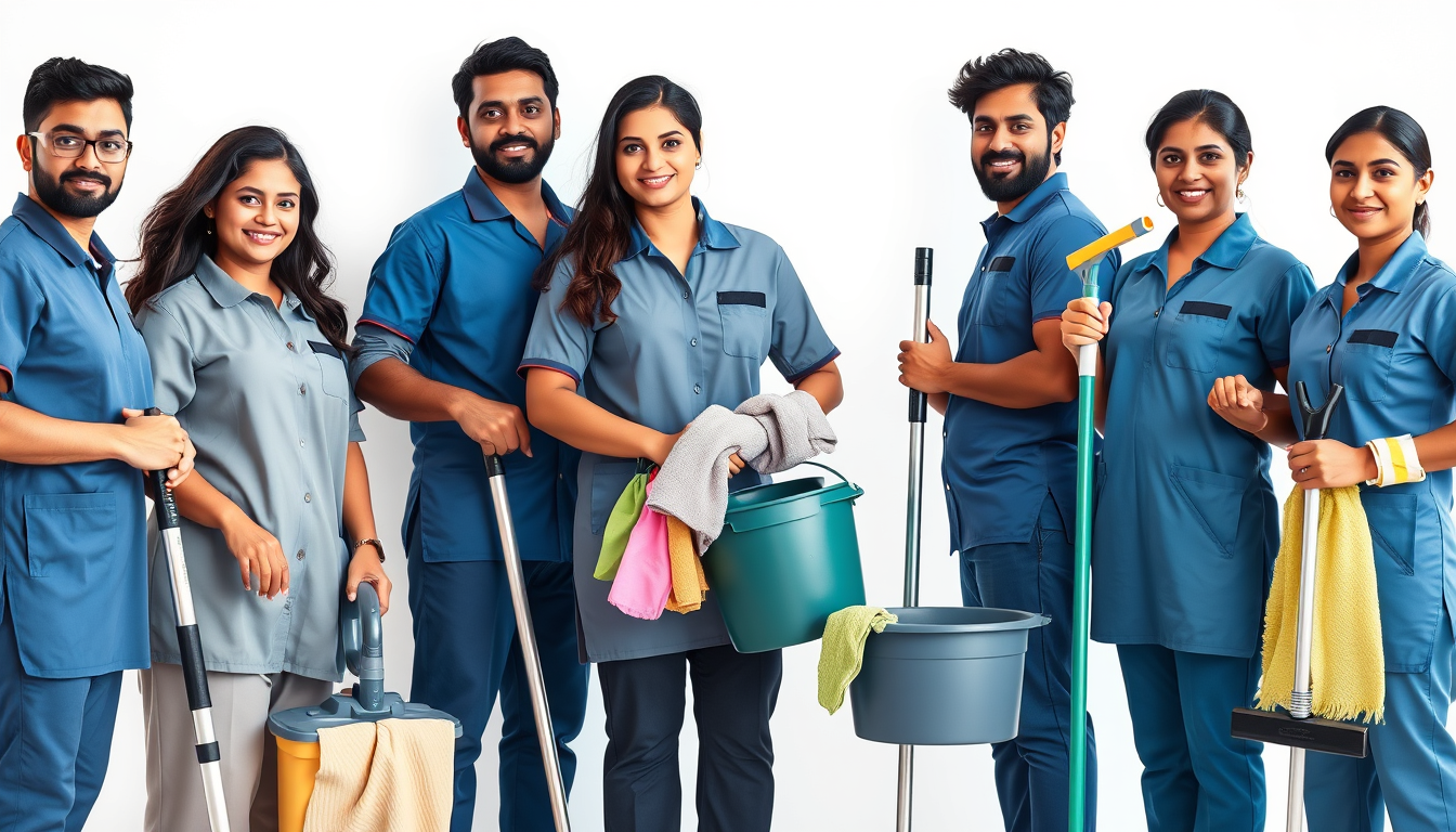 AI Art prompt example created from the prompt: Size: 2560×1194. Professional documentary-style photo of 8 real Pakistani home cleaning professionals with authentic South Asian faces, brow