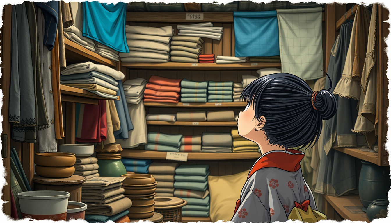 Main art studio: Little Japanese girl with her hair tied up, inside the old ramshackle shop looking up at the blue fabric way up high on a dusty shelf, barely visible 