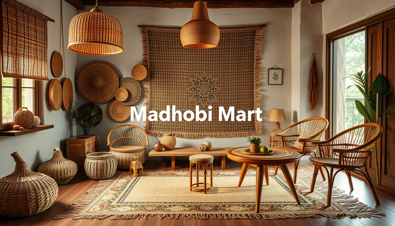 Main art studio: Premium handmade home decor collection in a traditional Bangladeshi cozy room. Featuring a bamboo lampshade, different sizes of handmade jute baskets,