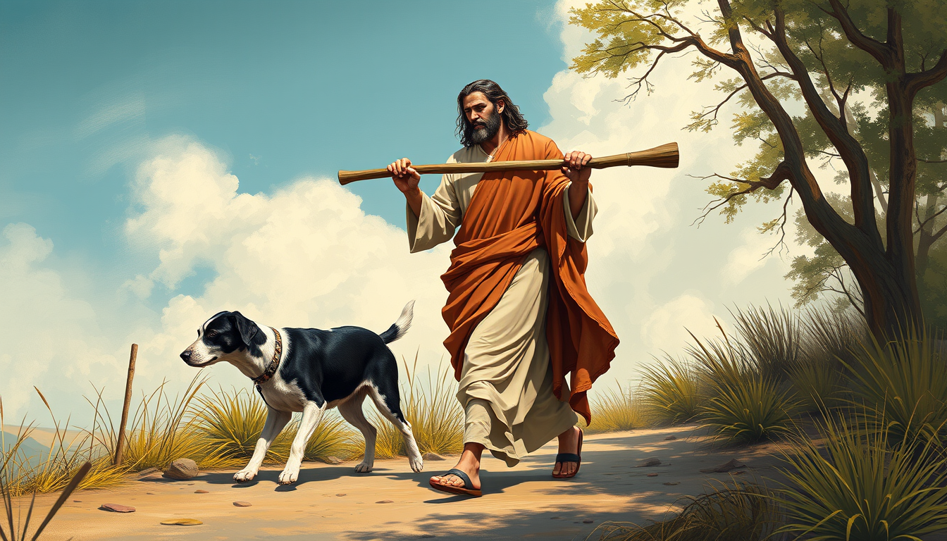AI Art prompt example created from the prompt: Jesus walking with a black and white dog carrying a big stick