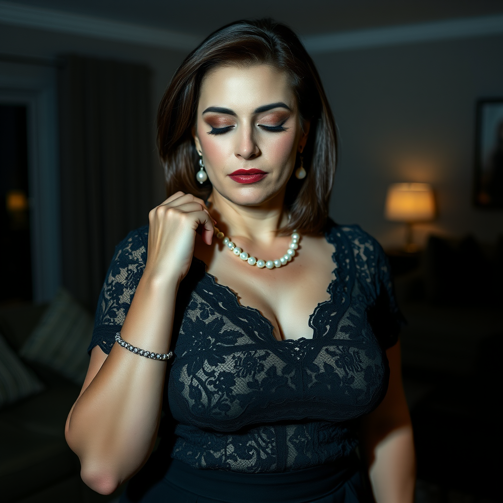 Main art studio: close up of an astonishingly beautiful serious woman around 47, muscular, curvy. She is wearing black lace top, white skin, shoulder length dark brown