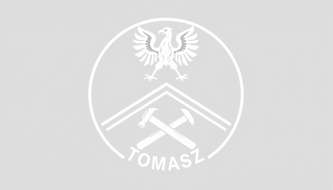 Main art studio: Round badge logo, Polish white eagle silhouette at top, roof outline below, hammer crossed with roofing tool, text TOMASZ, bold single colour vector,
