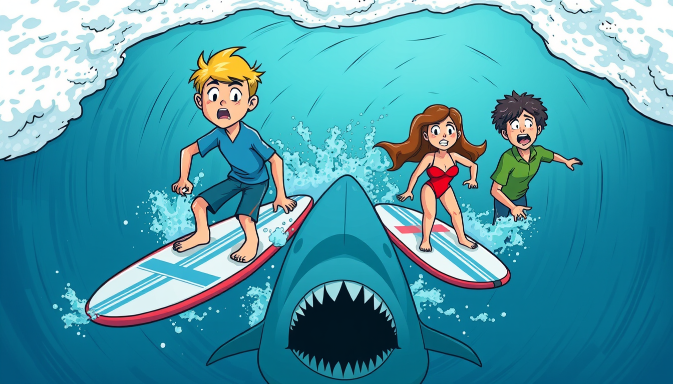 Main art studio: Three teenage friends looking terrified on their surfboards as a large shark-like shadow moves underneath them, Jack with short blond hair and blue su