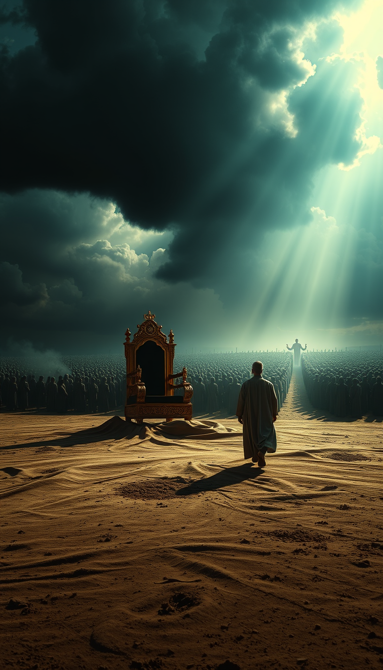 Main art studio: Cinematic Islamic scene of the Day of Judgment. An abandoned golden throne lies covered in dust, symbolizing the end of worldly power. In the distance