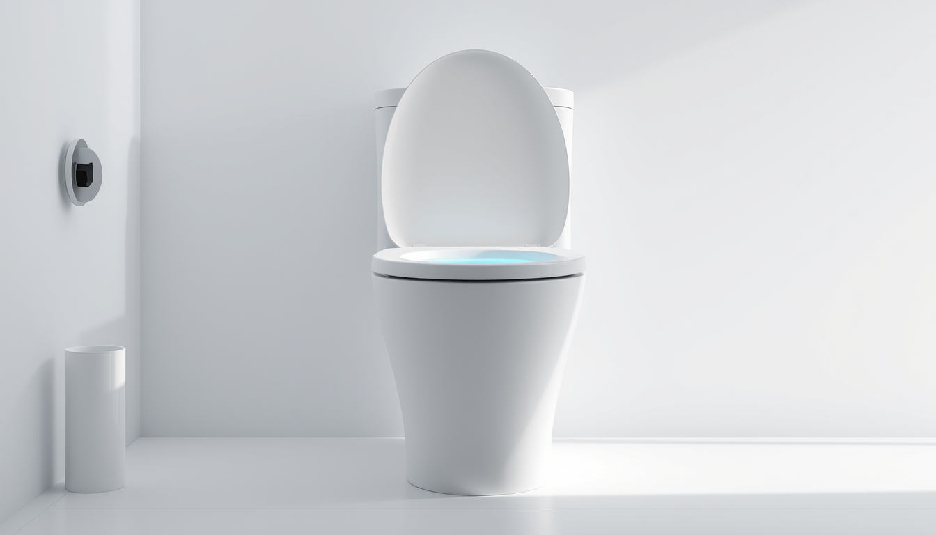 Main art studio: Create the final hero image of CleanSense, a premium smart toilet. Elegant slim white monobloc design, smooth matte ceramic, integrated closed lid, no