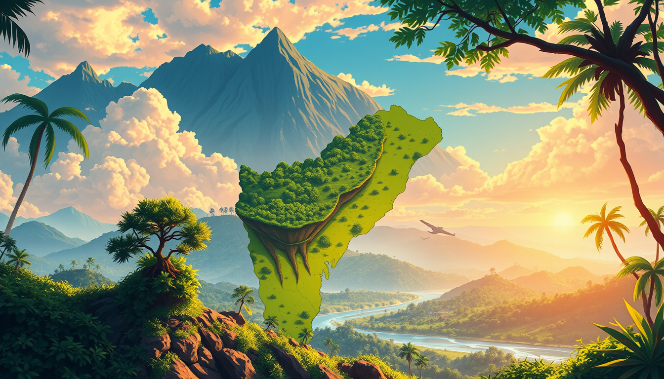 Anime idea: anime style, vibrant colors, expressive eyes, make kerala state map with green tree, mountain, river, boadt & green nature image with cinema related t