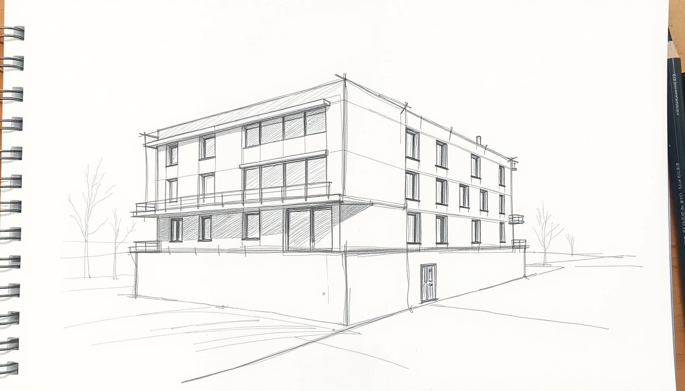 Sketch idea: pencil sketch, graphite hatching, loose construction lines, skizzieren ein Schulgebäude im Bauhaus stil , hand-drawn sketch look, sketchbook page