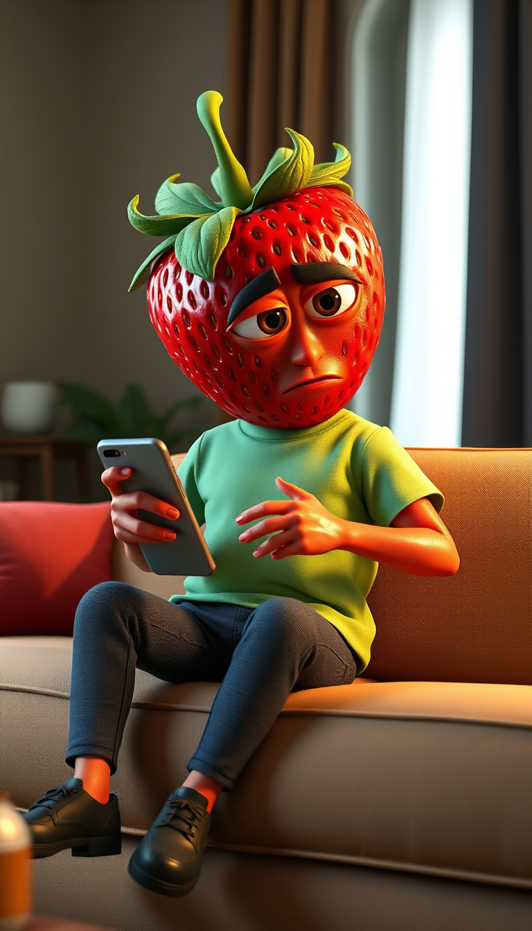 Main art studio: The same realistic 3D anthropomorphic strawberry character, identical red strawberry head with seeds, green leafy crown, huge brown eyes, light green