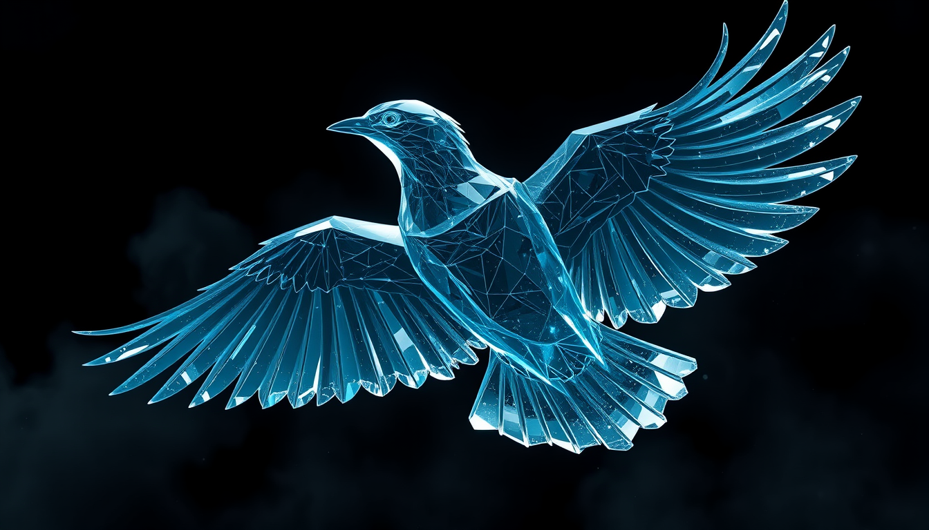 Main art studio: Create a premium futuristic poster using the uploaded ETHOZ bird as the main reference. Reimagine the bird as sharp translucent glass and metallic fra