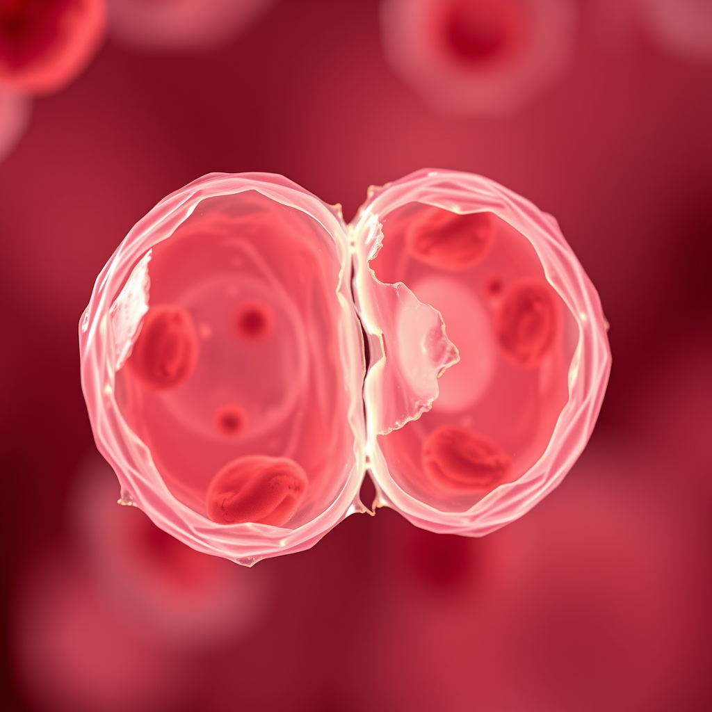 Main art studio: Photorealistic close-up of a real stem cell naturally dividing into two daughter cells. Authentic laboratory microscopy appearance, realistic irregula