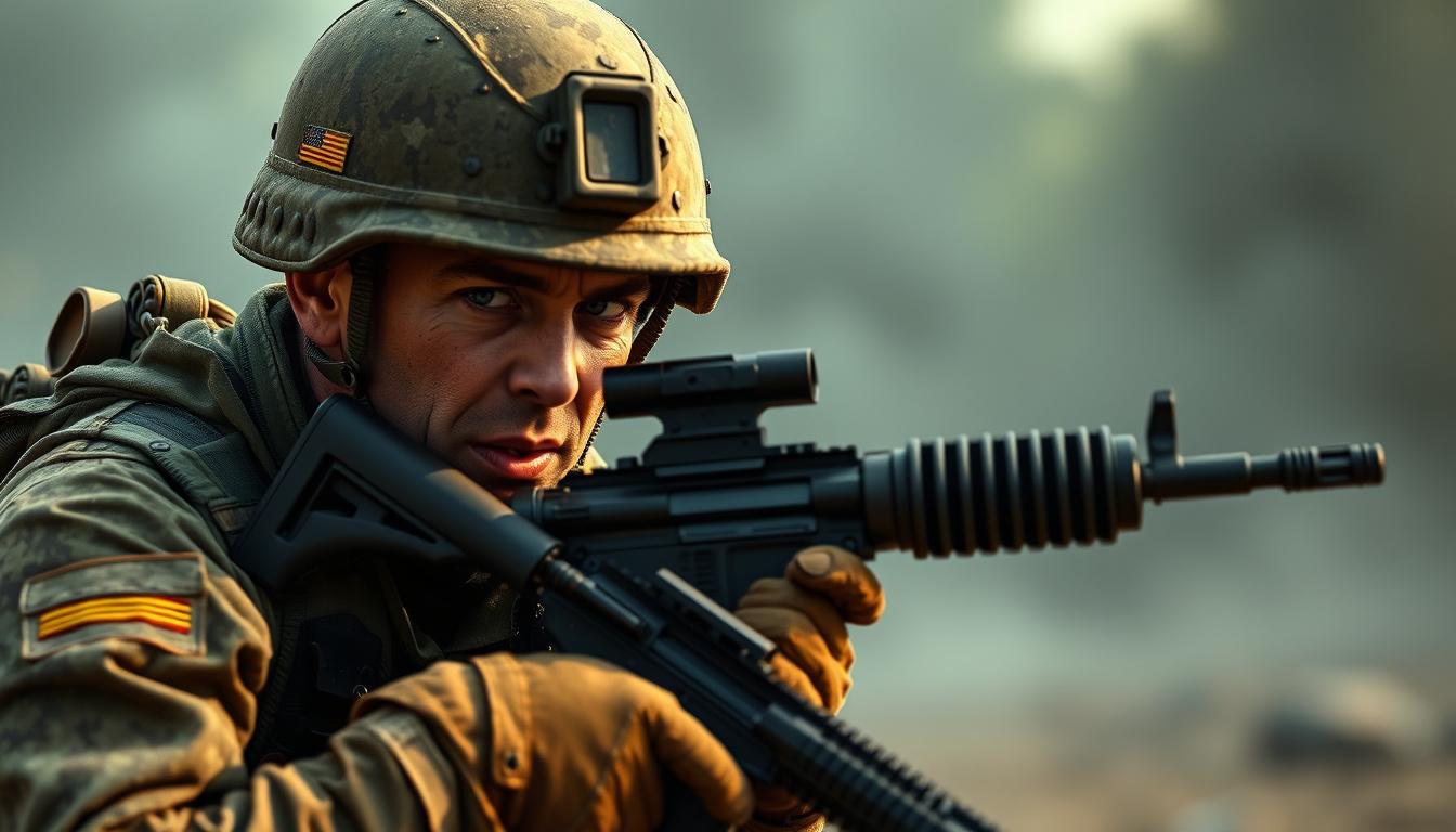 YouTube Banner idea created from the prompt: youtube channel banner, wide 16:9 composition, bold branding graphics, I want a banner for my youtube channel showing a soldier not flinchin