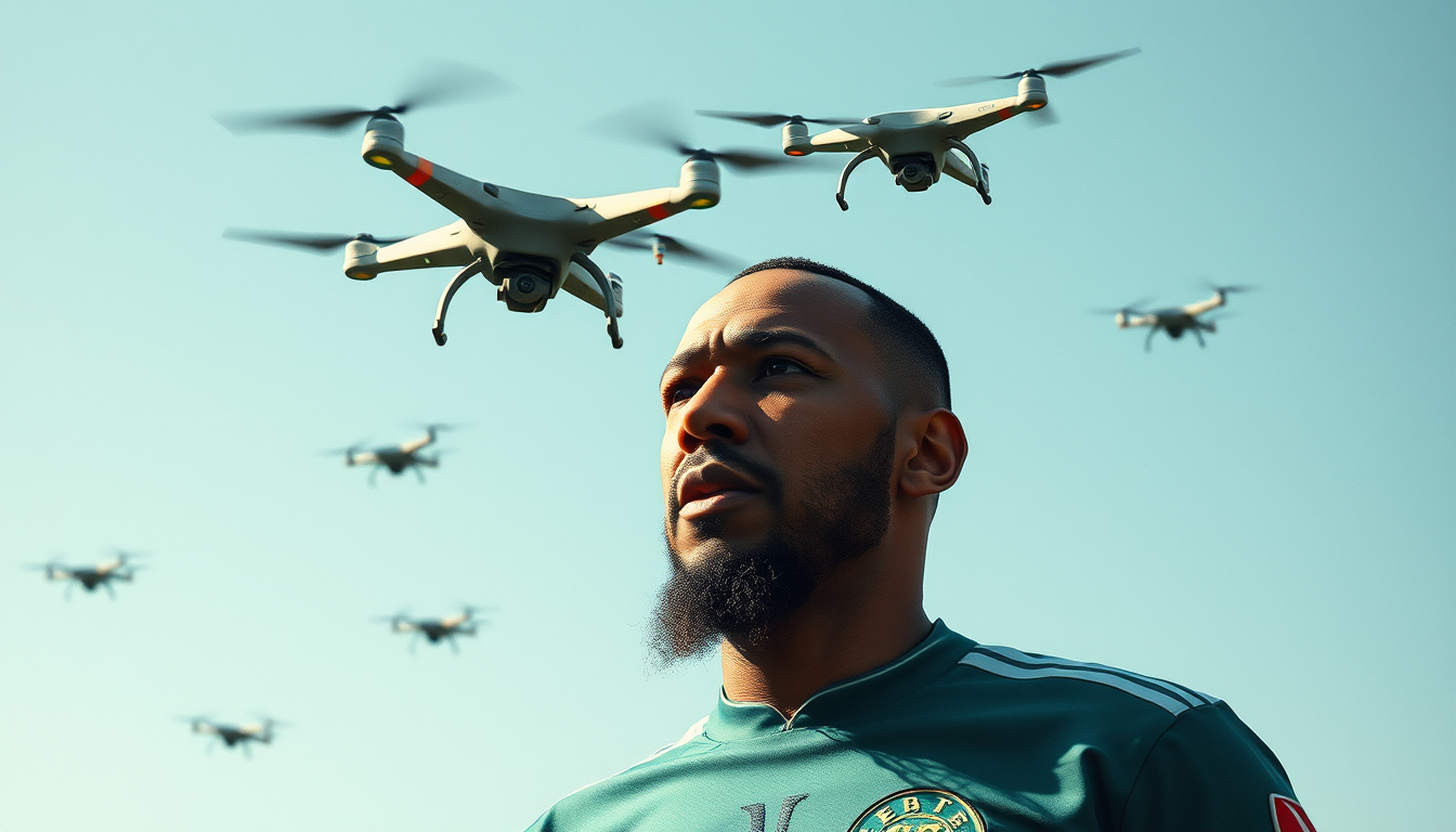Main art studio: Crea una imagen de una guerra de Mbappe dictador con remera de turquia y drones militares turcos volando alrrededor