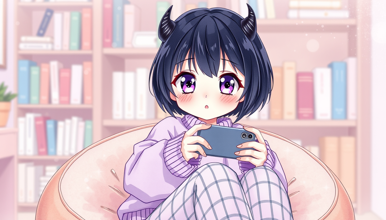 Main art studio: shoujo manga illustration, soft watercolor and colored pencil style, a cute adult anime girl with short black hair, large luminous purple eyes with sp