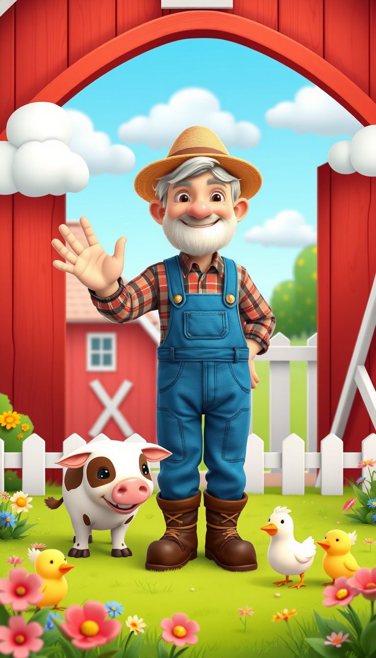 Main art studio: Cute friendly elderly farmer named Old MacDonald wearing blue overalls, a red plaid shirt, brown boots and a straw hat, standing outside a charming re