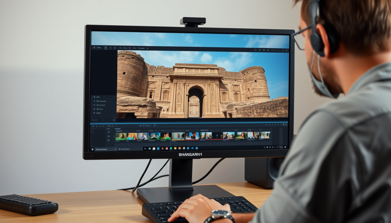 Main art studio: An adult video creator editing a historical mystery video about Bhangarh Fort on a computer, the monitor showing ancient sandstone ruins and the fort 