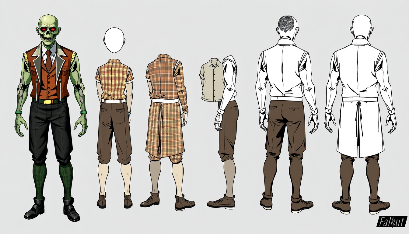 Main art studio: full length photo. ghoul from. Fallout universe. dressed in 1950s clothing. concept art. male. 6 clothing options. front and back view