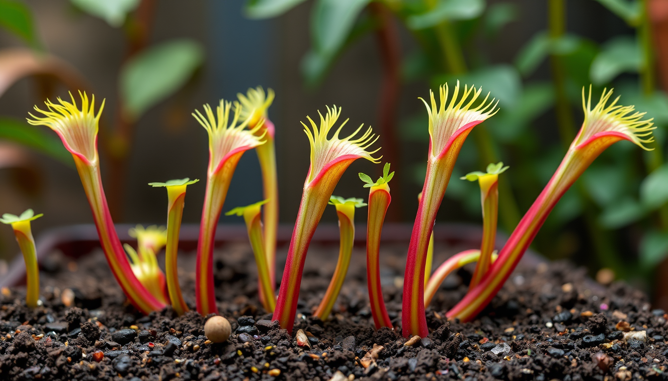 Main art studio: venus flytraps but are much bigger and taller and are flatter and have a long and slim stem and are green with a pink hue and have a surface to catch
