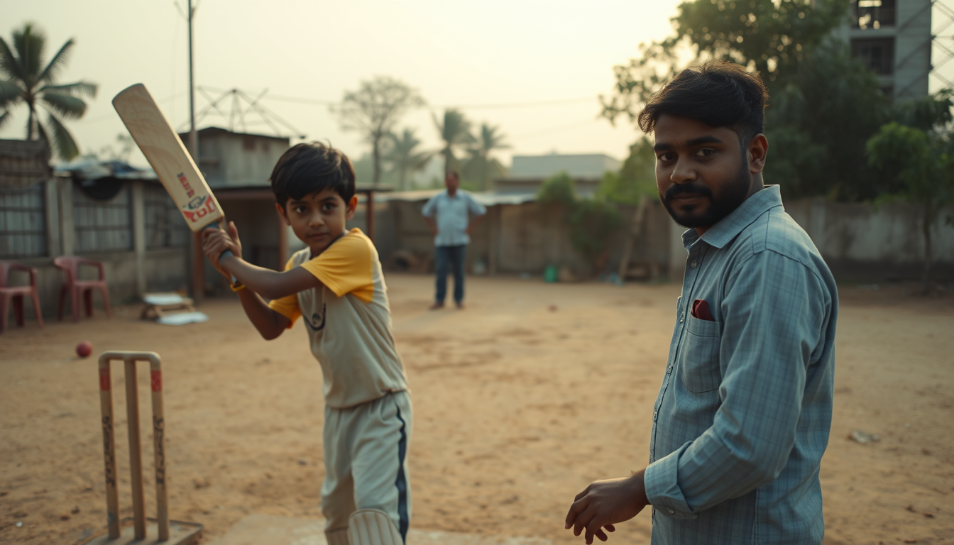 Main art studio: Realistic cinematic sports documentary recreation set in Baroda, Gujarat, early 2000s. Two young Indian brothers, inspired by Krunal and Hardik Pandya