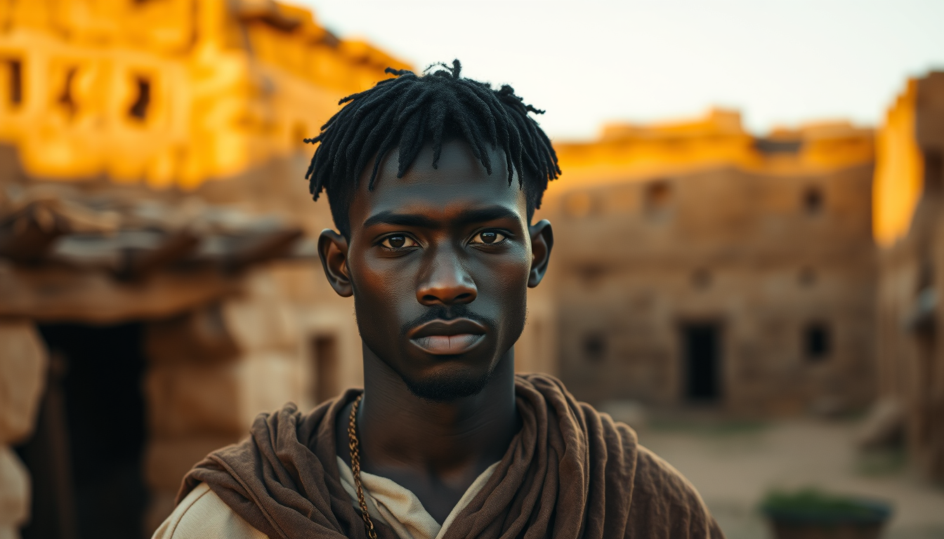 Main art studio: Create an ultra-realistic cinematic portrait of MADEJE, a 23-year-old East African man with dark brown skin, short natural black hair, deep brown eyes